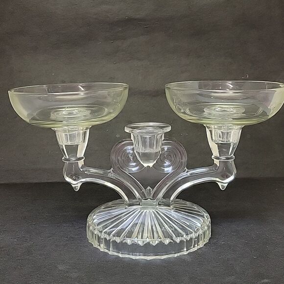 Vintage Jeannette Glass COSMOS Triple Candle Candlestick Clear Glass Candelabras - Picture 1 of 11